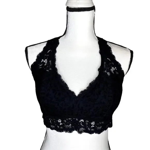 DOBREVA Padded Floral Halter Lace Wireless Bralette Black Large Intimates Bra - Picture 1 of 11